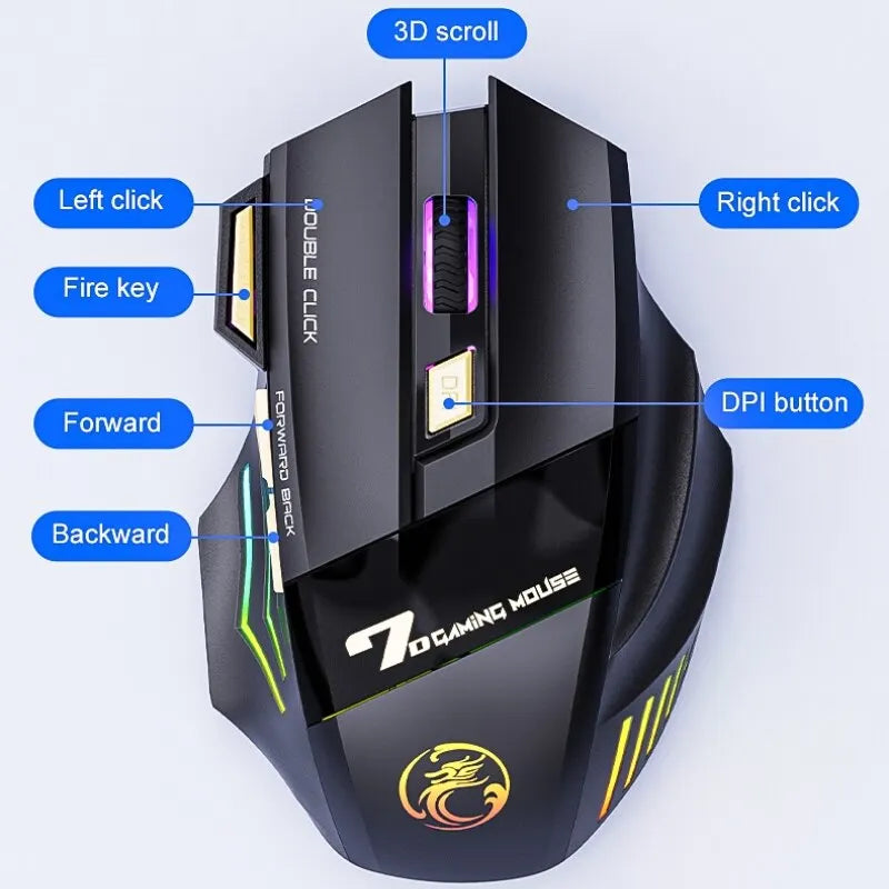 Wireless Gaming Mouse USB Dual Mode Rechargeable 7 Keys Silent Mouse Bluetooth L.E.D