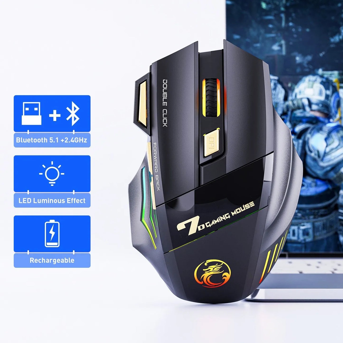 Wireless Gaming Mouse USB Dual Mode Rechargeable 7 Keys Silent Mouse Bluetooth L.E.D