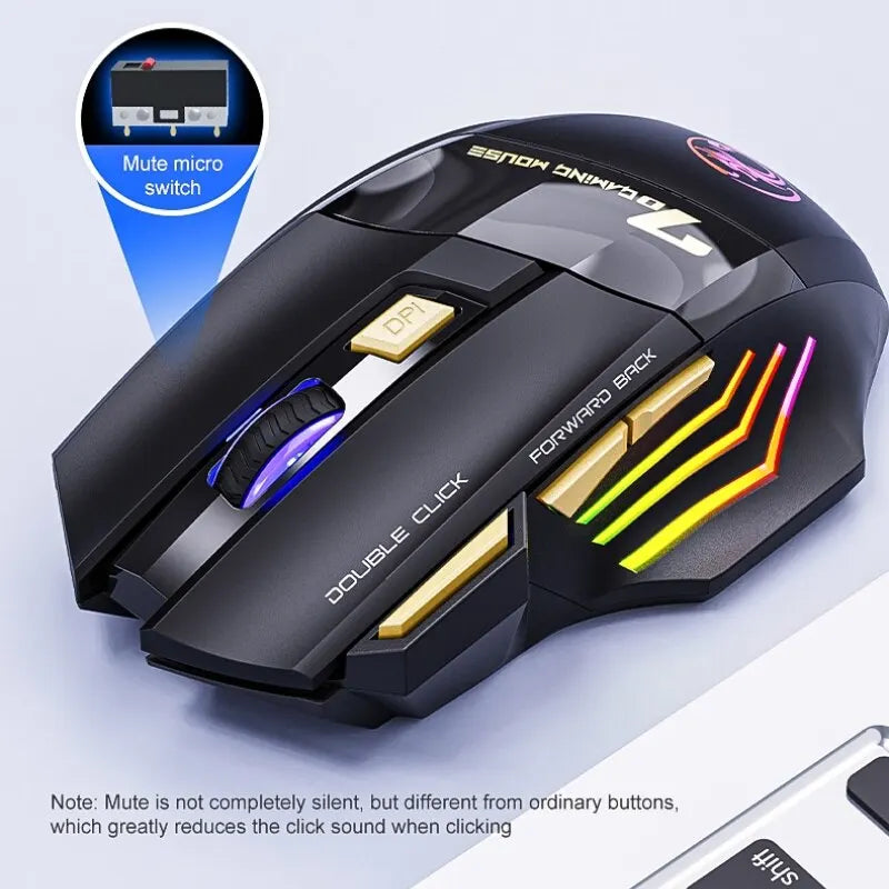 Wireless Gaming Mouse USB Dual Mode Rechargeable 7 Keys Silent Mouse Bluetooth L.E.D